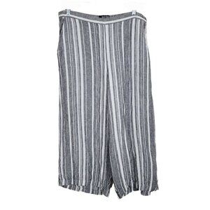 Ellen Tracy Med 100% Linen Striped Pants Wide Leg Cropped Gray & White Coastal
